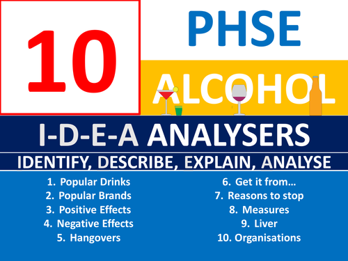 10 x Alcohol Awareness PSHE PHSE IDEA Analysers Keyword Starters Settler Cover Lesson Hwk