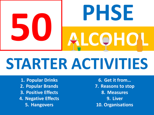 50 x PHSE Alcohol Awareness Starters Wordsearch Crossword  Alphabet Keyword Cover Settlers PSHE