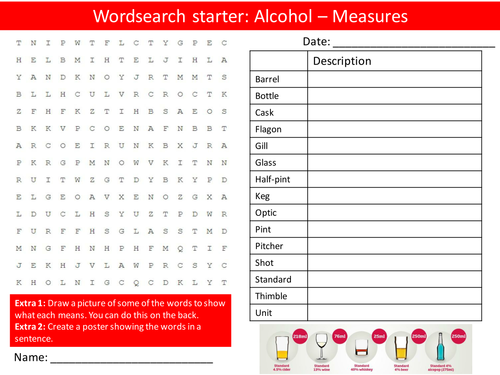 Alcohol PSHE Measures Keyword Starters Wordsearch Crossword Settlers Cover Lesson PSHE