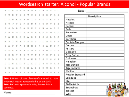 Alcohol PSHE Popular Brands Keyword Starters Wordsearch Crossword Settlers Cover Lesson PHSE