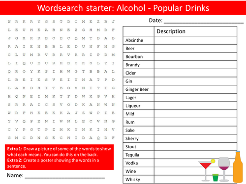 Alcohol PSHE Popular Types Drinks Keyword Starters Wordsearch Crossword Settlers Cover Lesson PHSE