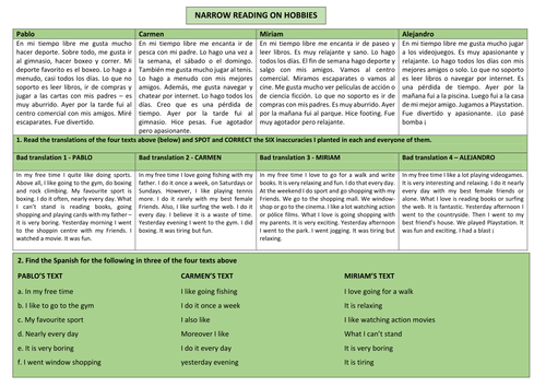 KS3 beginner Spanish - Sentence builder , Narrow readings  and Oral tasks on HOBBIES