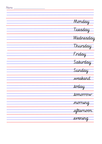 cursive handwriting sheets for days of the week months seasons