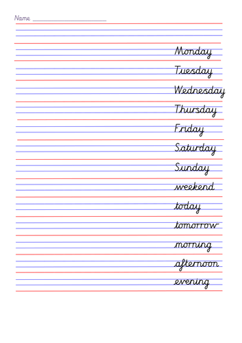 Cursive handwriting sheets for days of the week, months, seasons