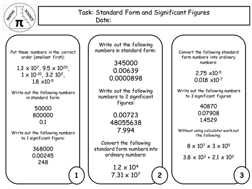 Science Skill Task  on Standard Form and Significant Figures