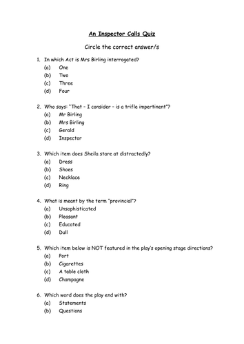 An Inspector Calls multiple choice quiz | Teaching Resources