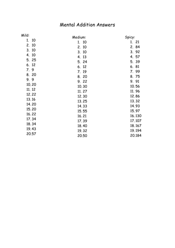 Mental addition pack with answers year 3 or 4