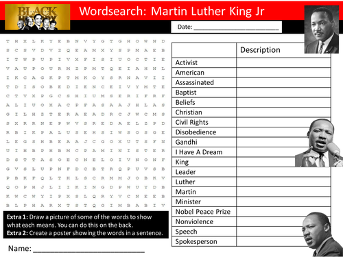 Martin Luther King Jr Wordsearch Keyword Starter Settler Activity  Cover Lesson Black History Month