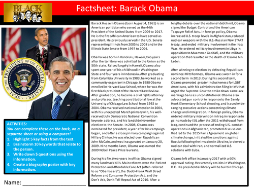 Barack Obama Factsheet Keyword Starter Settler Activity Cover Lesson Black History Month