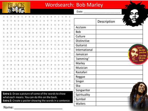 Bob Marley Wordsearch Keyword Starter Settler Activity Cover Lesson Black History Month