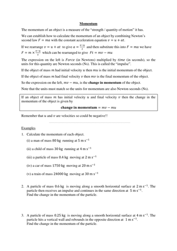 Momentum worksheet (Mechanics 1)