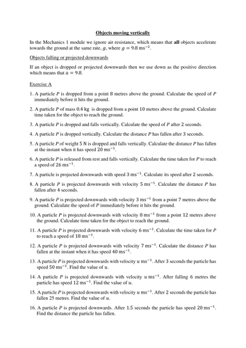 Objects moving vertically - worksheet with over 30 questions (Mechanics 1)