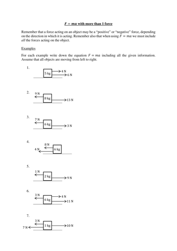 Worksheet to practise writing F=ma correctly for more than 1 force