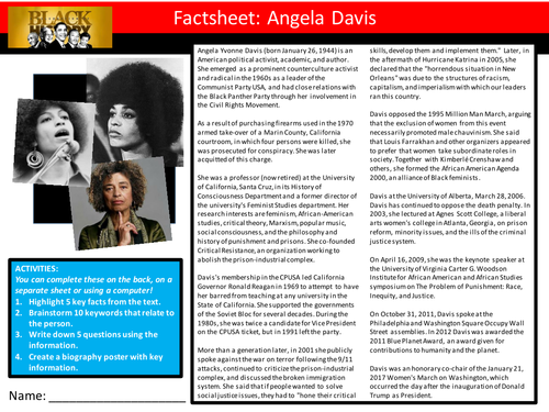Angela Davis Factsheet Keyword Starter Settler Activity Cover Lesson Black History Month