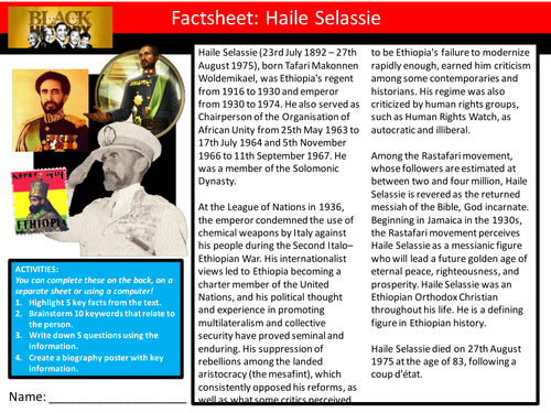 Haile Selassie Factsheet Worksheet Keyword Starter Settler Activity Cover Lesson Black History Month