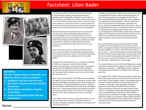 Lilian Bader Factsheet Worksheet Keyword Starter Settler Activity Cover Lesson Black History Month