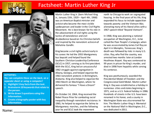 Martin Luther King Jr Factsheet Worksheet Keyword Starter Settler Activity Cover Black History Month