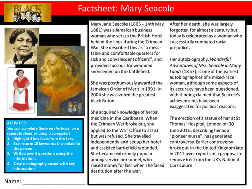 Mary Seacole Factsheet Worksheet Keyword Starter Settler Activity Cover Lesson Black History Month