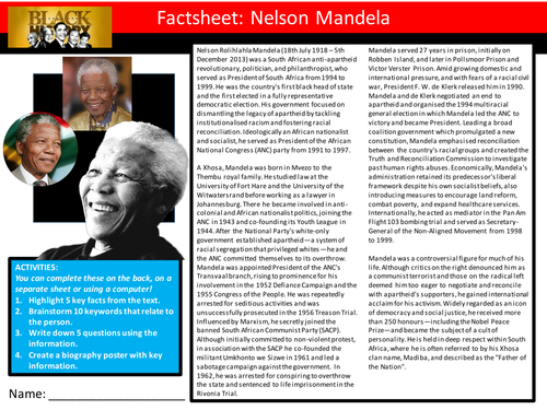 Nelson Mandela Factsheet Worksheet Keyword Starter Settler Activity Cover Lesson Black History Month