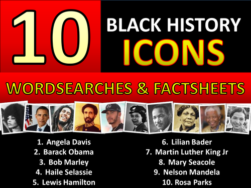 10 x Black History Month Famous People Icons Wordsearches & Factsheets Worksheet Keyword Settler