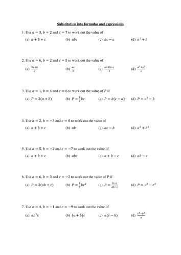 Substitution worksheet