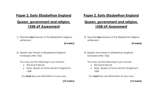 Edexcel 1-9 GCSE Elizabeth I Key Topic 1: Queen, government and religion, 1558 -88