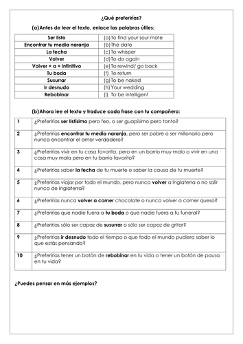 Spanish conditional "would you rather..." scenarios reading _ KS4 extension / KS5