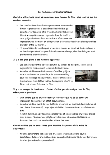 Entre les Murs - handout on techniques used in the film