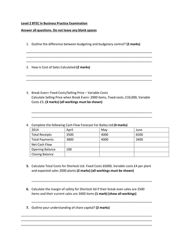 Level 2 BTEC First Certificate/Award in Business - Unit 2 Finance Worksheets and Mock Examinations