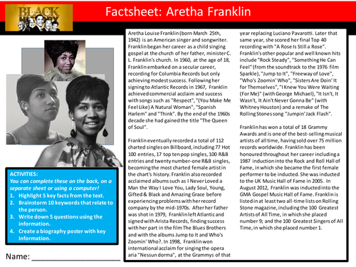 Aretha Franklin Factsheet Worksheet Keyword Starter Settler Activity  Lesson Black History Month