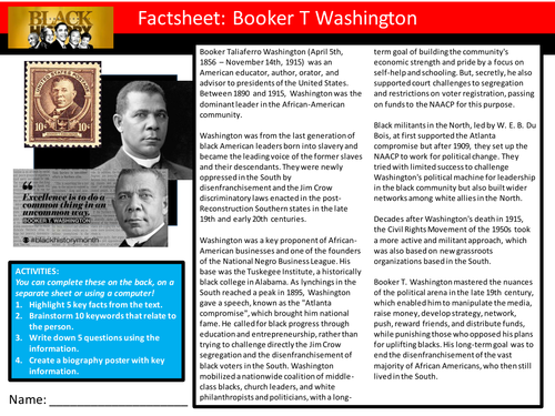 Booker T Washington Factsheet Worksheet Keyword Starter Settler Cover Lesson Black History Month