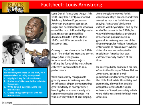 Louis Armstrong Factsheet Worksheet Keyword Starter Settler  Cover Lesson Black History Month
