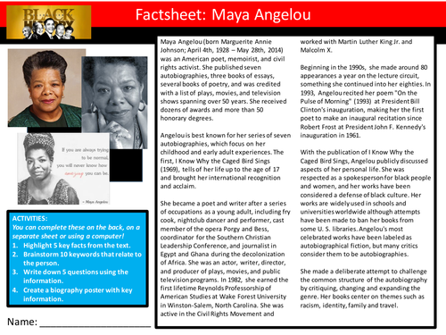 Maya Angelou Factsheet Worksheet Keyword Starter Settler Activity Cover Lesson Black History Month