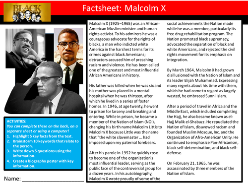 Malcolm X Factsheet Worksheet Keyword Starter Settler Activity Cover Lesson Black History Month