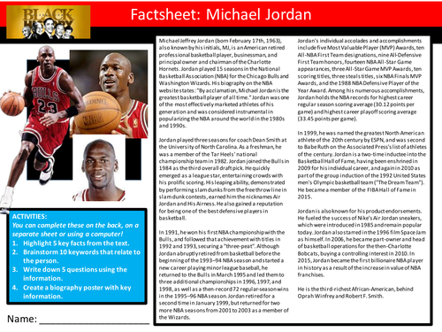 Michael Jordan Factsheet Worksheet Keyword Starter Settler Activity Cover Lesson Black History Month