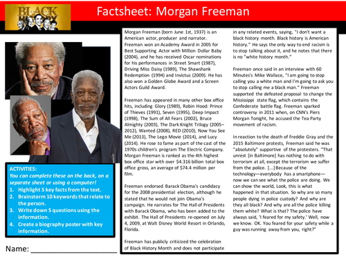 Morgan Freeman Factsheet Worksheet Keyword Starter Settler Activity Cover Lesson Black History Month