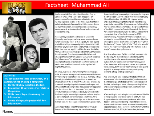 Muhammad Ali Factsheet Worksheet Keyword Starter Settler Cover Lesson Black History Month