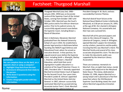 Thurgood Marshall Factsheet Worksheet Keyword Starter Settler Cover Lesson Black History Month