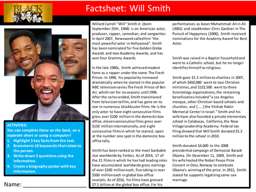 Will Smith Famous Actor Factsheet Worksheet Keyword Starter Settler Lesson Black History Month