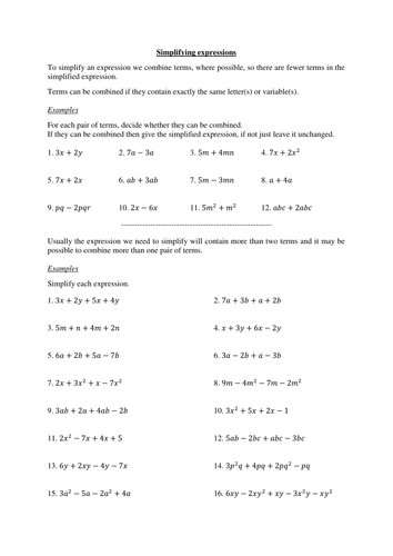 simplifying expressions worksheet teaching resources