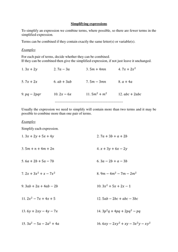 Simplifying expressions - worksheet