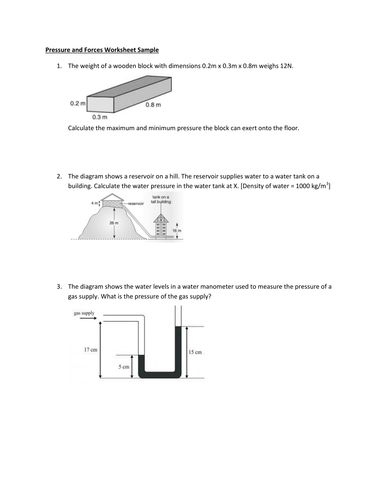 FREE : Pressure and Forces Worksheet Sample