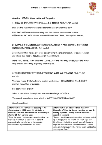 AQA 8145 - question tips and sample revision questions for America and conflict and tension 1919-39