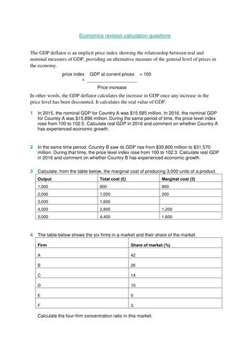 A-Level Economics calculation revision questions