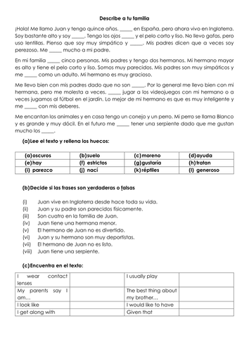 Spanish KS4 reading _ la familia _ extension phrases _ comprehension & gap-fill