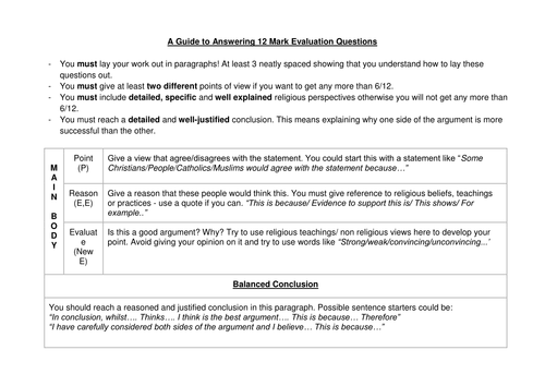 AQA RS New Spec: 12 Mark question guide + peer assessment grid + sample answers