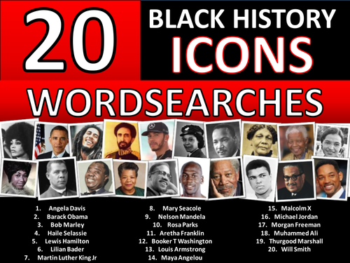 20 x Black History Month Famous People Icons Wordsearches Wordsearch Keyword Settler Homework