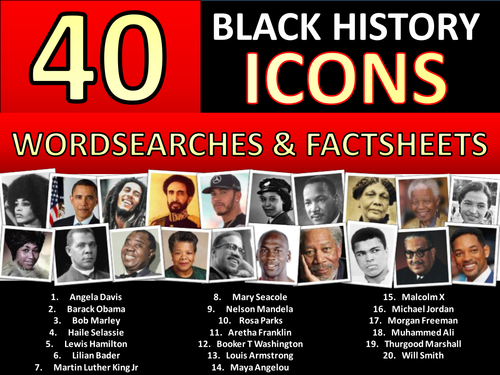 40 x Black History Month Famous People Icons Wordsearches & Factsheets Worksheet Keyword Settler