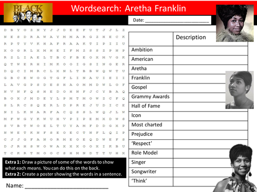 Aretha Franklin Wordsearch Keyword Starter Settler Activity Cover Lesson Black History Month