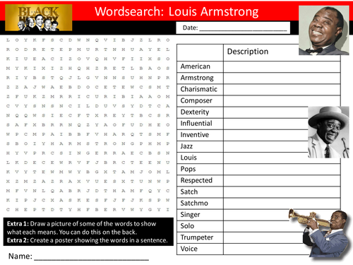 Louis Armstrong Wordsearch Keyword Starter Settler Activity Cover Lesson Black History Month